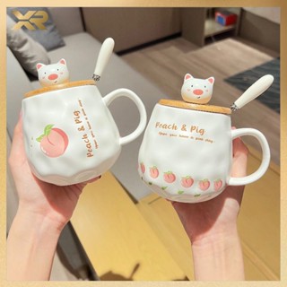 Ly cốc sứ có nắp đậy hình đào Heo dễ thương 400ml, cốc uống nước có nắp đậy kèm thìa ZTB
