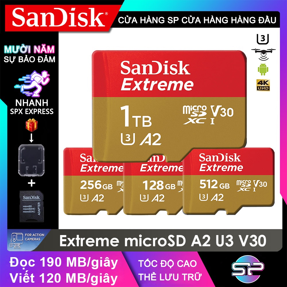 Thẻ nhớ tốc độ cao điện thoại di động SanDisk Extreme 128G 256G 512G microSD U3 A2 4K