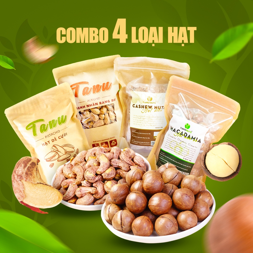 Combo 4 loại hạt dinh dưỡng gồm hạt macca nứt vỏ, điều rang muối, hạnh nhân bơ, hạt dẻ cười TANU NUTS