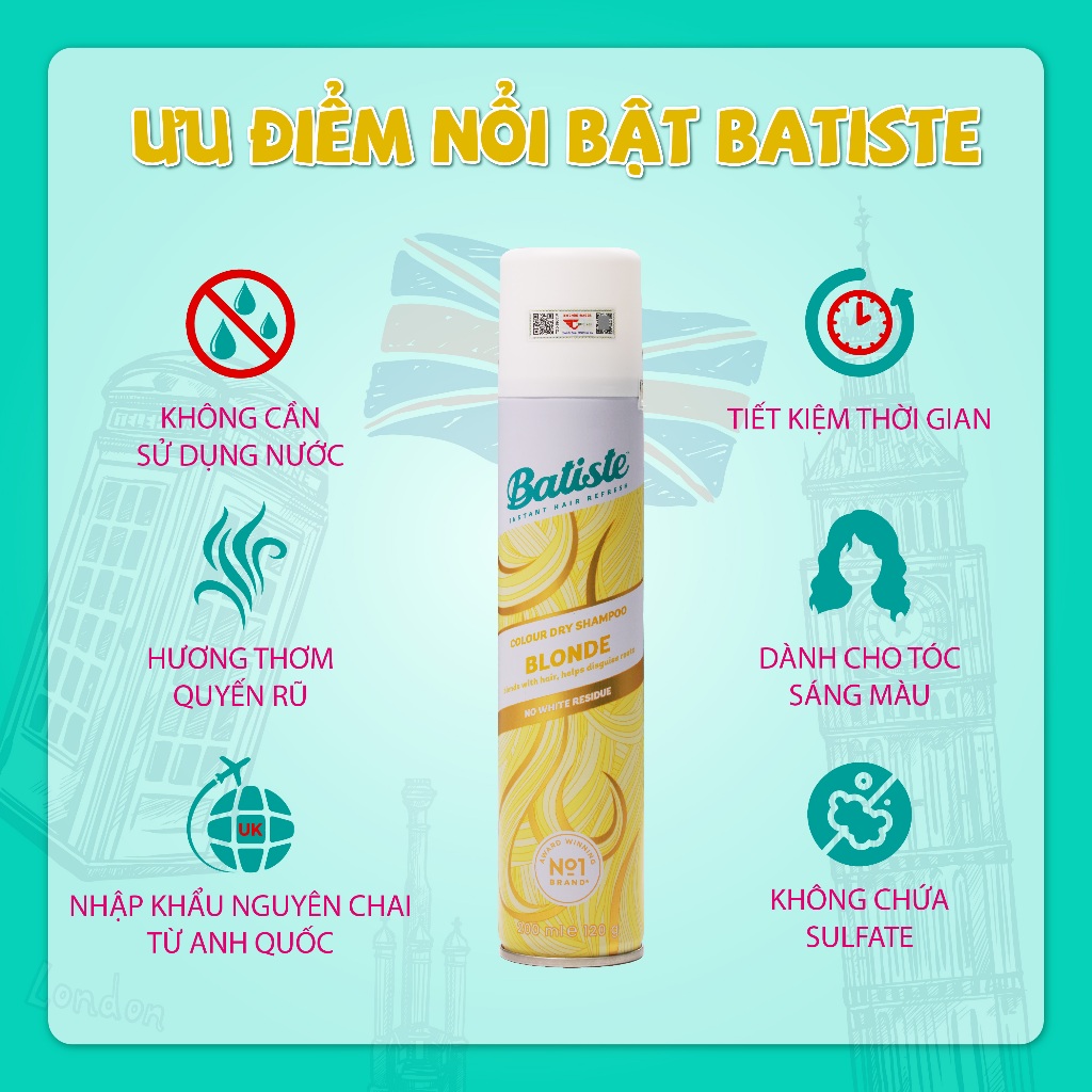 Dầu Gội Khô Dành Cho Tóc Vàng, Tóc Sáng Màu - Batiste Colour Dry Shampoo BLONDE 200ml