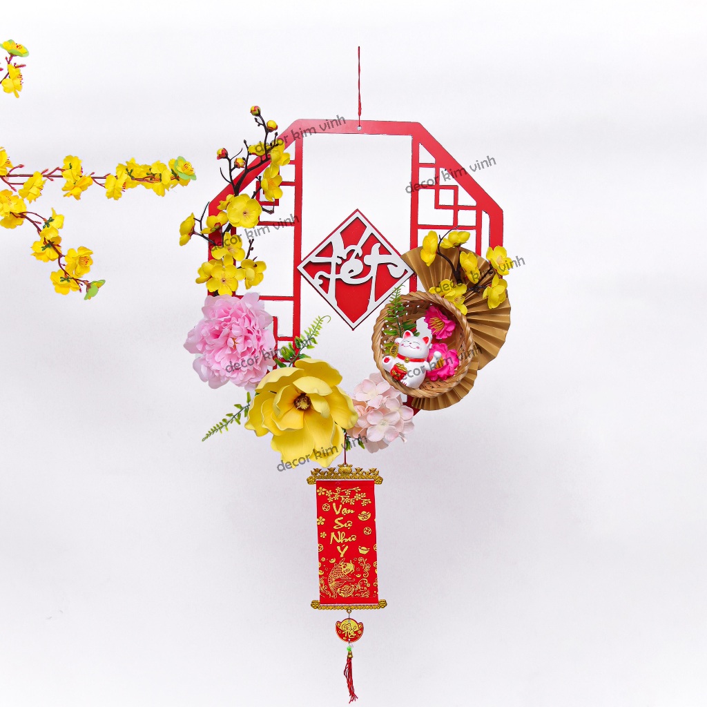 Vòng Hoa Tết H96 40cm Kèm Đèn, Vòng Hoa Trang Trí Tết Xuân