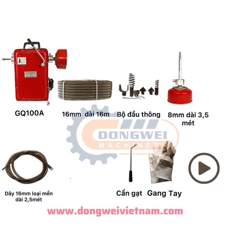 Máy thông tắc cống GQ100A-900w tặng kèm cuộn dây lò xo phi 16 dài 15m và 4,5m dây lò xo phi 8