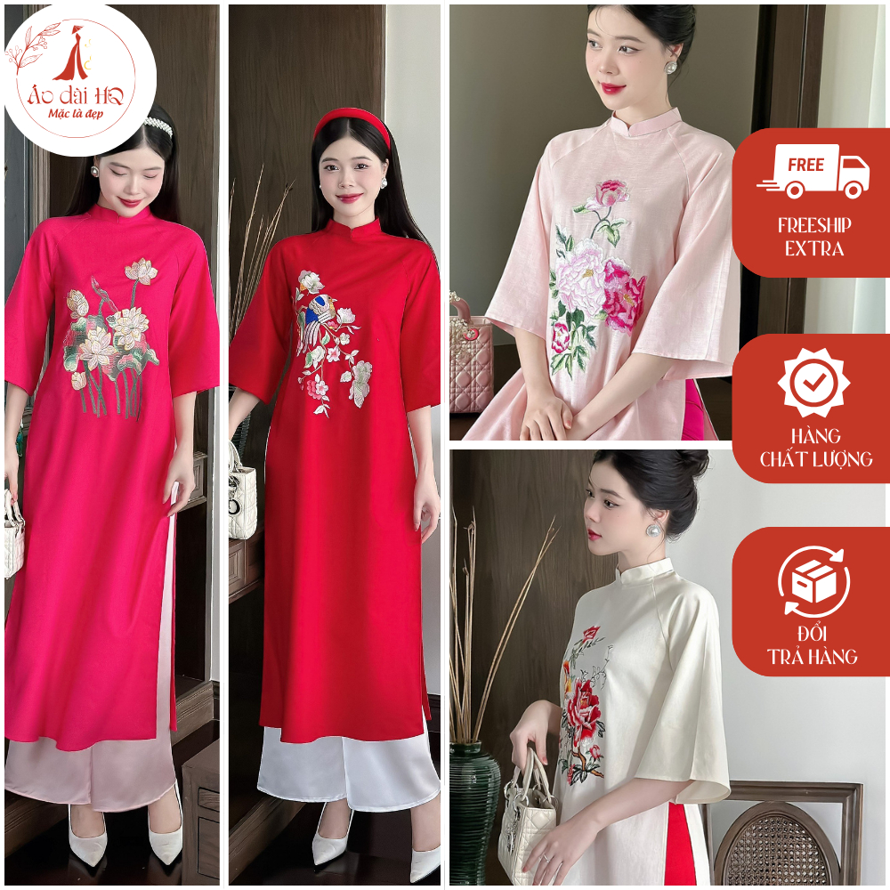 Áo dài cách tân nhiều màu cổ tàu tay lỡ chất liệu Linen thêu hoa - Xưởng may áo dài HQ - AD60.1
