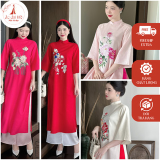 Áo dài cách tân nhiều màu cổ tàu tay lỡ chất liệu Linen thêu hoa -  Xưởng may áo dài HQ - AD60.1