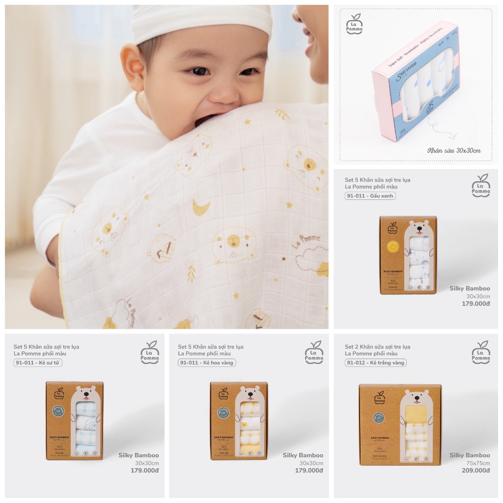 [CHÍNH HÃNG] Set 5 khăn sữa sợi tre lụa mềm mại (30x30) La Pomme