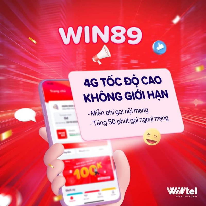 Sim  4G WINTEL WIN89 số đẹp , Data không giới hạn - Miễn Phí tháng đầu