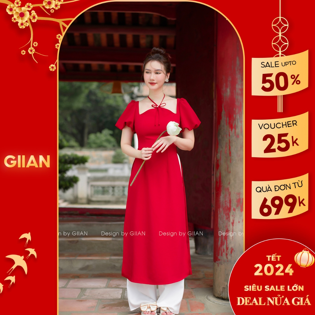 Áo dài cách tân tay bồng thiết kế cổ yếm đính nơ ngọc chính hãng Giian - AD0432