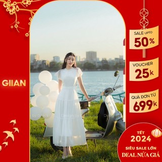 Váy tiểu thư sang chảnh thiết kế cổ đính ngọc phối tay cánh tiên, váy xòe dáng dài - Thời trang Giian - VA0079