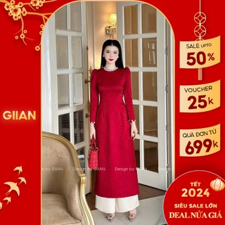 Áo dài truyền thống lụa gấm áo dài cưới thiết kế đính ngọc cổ ngọc thương hiệu chính hãng Giian - AD0576 QU0096