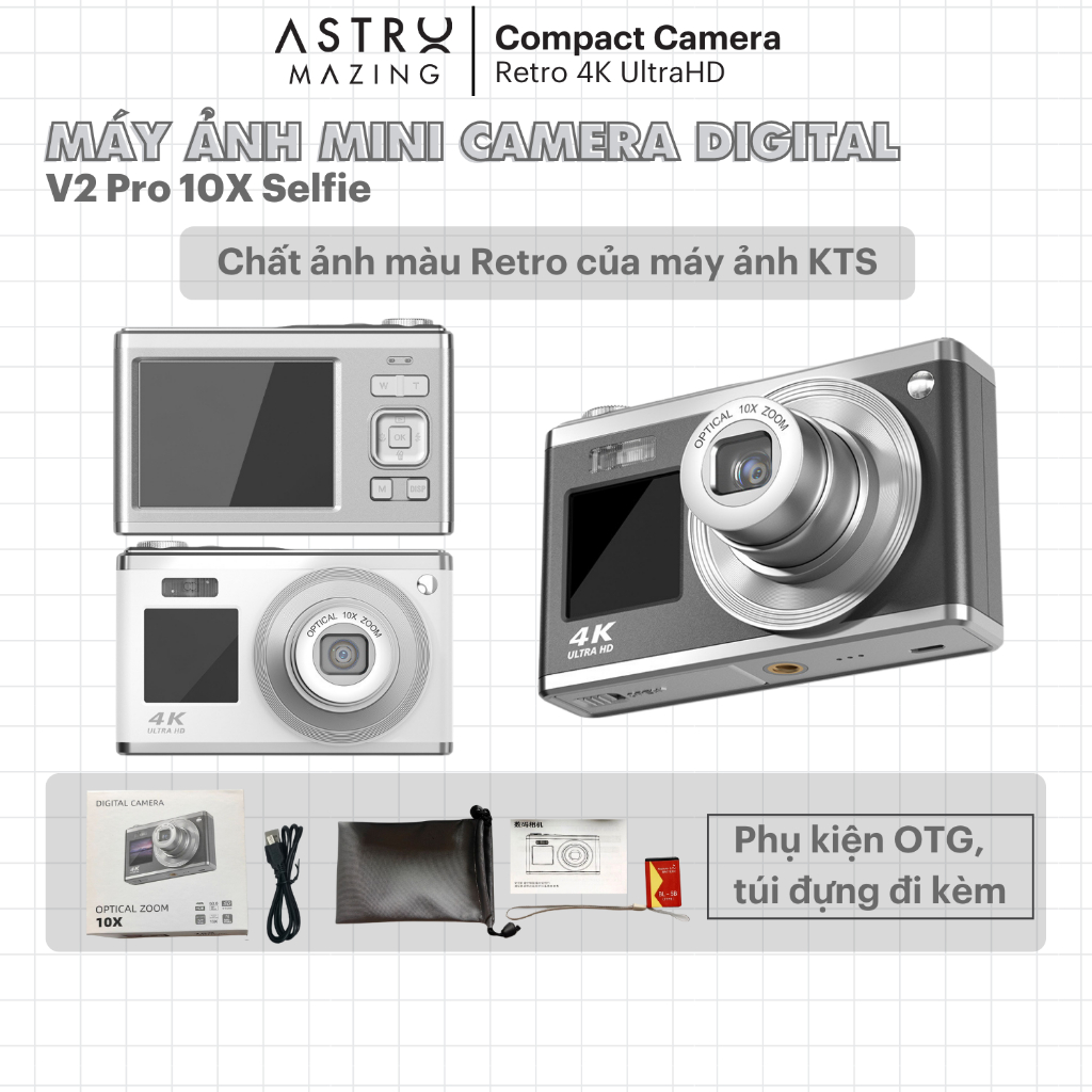 Máy ảnh CCD kĩ thuật số Digital Mini Camera V2 Pro by AstroMazing - Quay, chụp 50MP, siêu mỏng nhỏ gọn