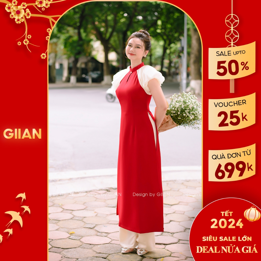 Áo dài đỏ cách tân tay tay thun bồng thiết kế đính ngọc chính hãng Giian - AD0448