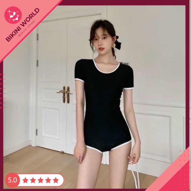 Bikini đồ bơi đi biển 1 mảnh viền trắng tay ngắn tay dài sát nách dáng quần đùi kín đáo | BigBuy360 - bigbuy360.vn