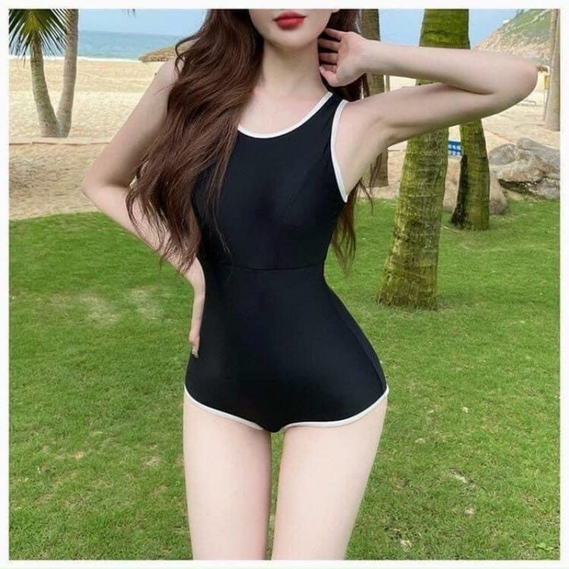 Bikini đồ bơi đi biển 1 mảnh viền trắng tay ngắn tay dài sát nách dáng quần đùi kín đáo | BigBuy360 - bigbuy360.vn