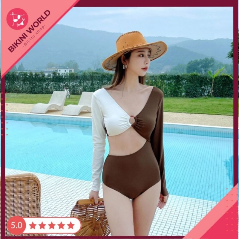 Bikini liền mảnh đồ bơi nữ tay dài khoét eo phối trắng khoen tròn cao cấp