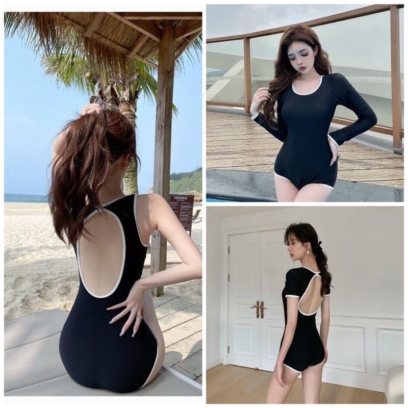 Bikini đồ bơi đi biển 1 mảnh viền trắng tay ngắn tay dài sát nách dáng quần đùi kín đáo | BigBuy360 - bigbuy360.vn