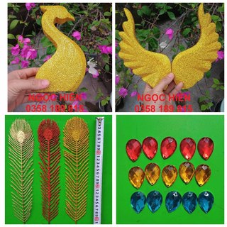 1 Cặp cánh công 25cm, đầu công, đá gắn đuôi công, đuôi công nhũ trang trí tháp công