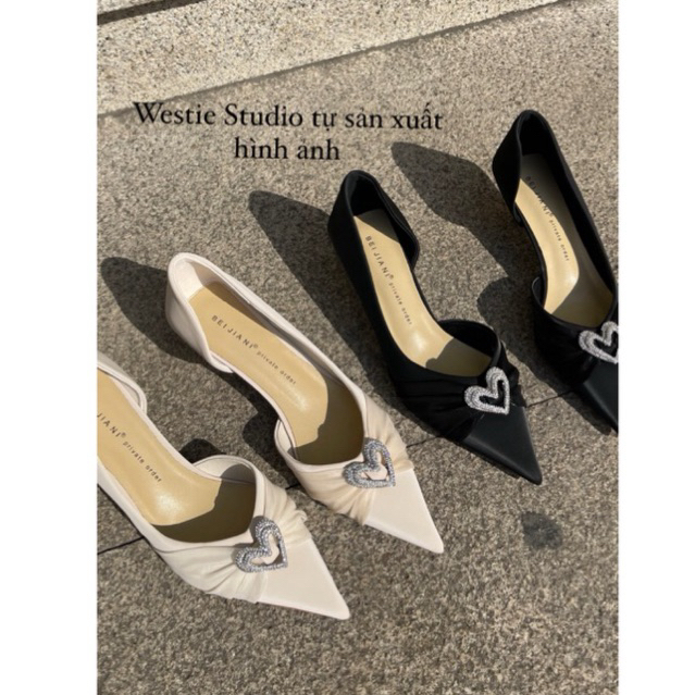 Giày Cao Gót 5CM Nữ Hình Trái Tim Rhinestone Kink Side Mũi Nhọn Thanh Lịch WESTIE STUDIO - A377.GN