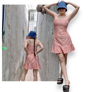 Đầm xoè 2 dây bèo size M eo dưới 70cm