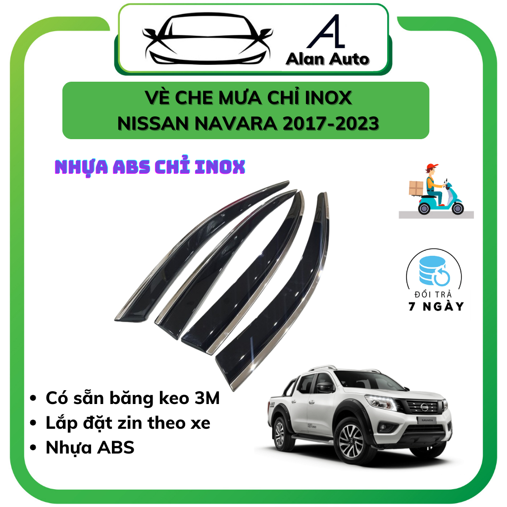 Vè che mưa CHỈ INOX xe NISSAN NAVARA 2018-2021, Chất liệu nhựa ABS cao cấp viền chỉ inox