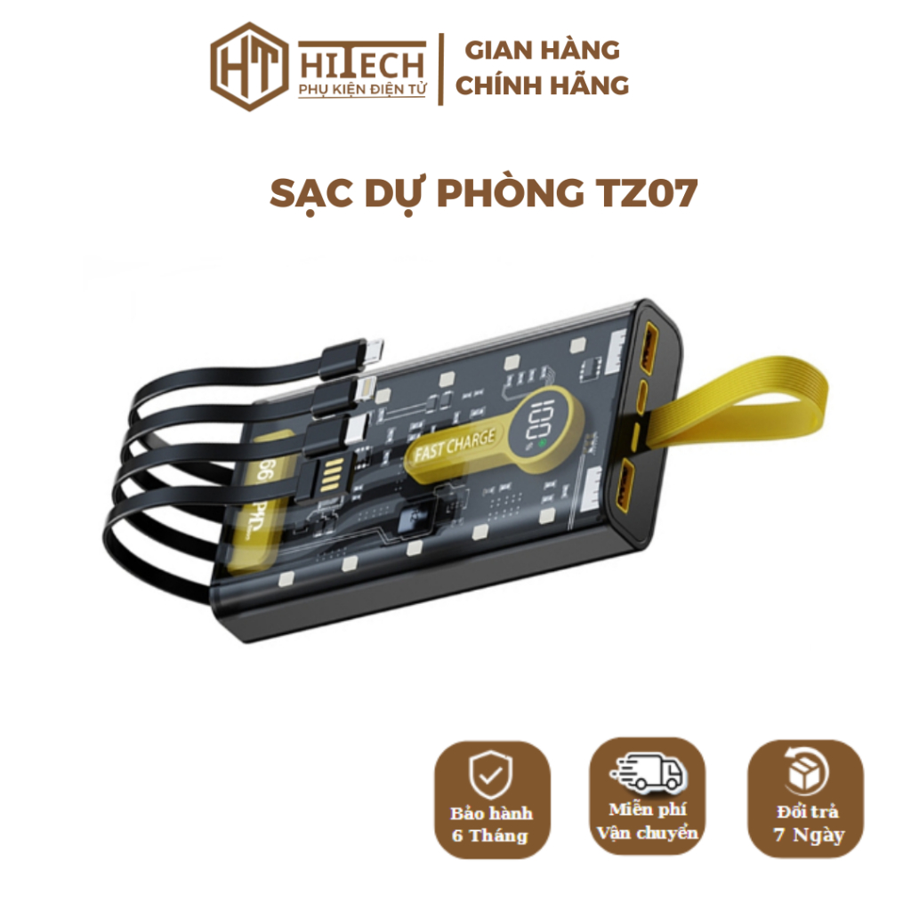 Sạc Dự Phòng TZ07 Trong Suốt, Dung Lượng 20000 mAh,Sạc Nhanh 2 Chiều, Đảm Bảo An Toàn - HITECH