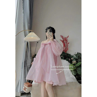 [TH] ĐẦM DOLL VOAN HỒNG TAY PHỒNG TRỄ VAI NƠ NGỰC
