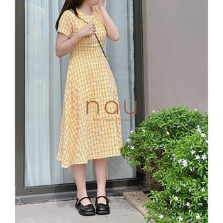 Đầm caro dáng midi phối dây eo
