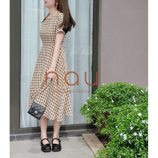 Đầm caro dáng midi phối dây eo