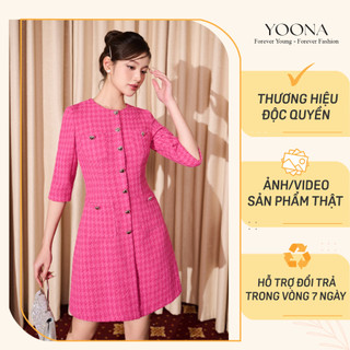 Đầm ngắn dáng A tay lỡ thiết kế cổ tròn họa tiết caro hồng YOONA - YD11A262