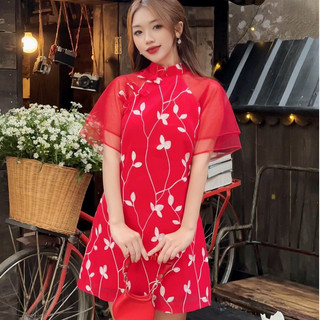 YU CHERRY | Đầm thiết kế cổ trụ, tay lưới lỡ phối nơ An Layer Dress YD180