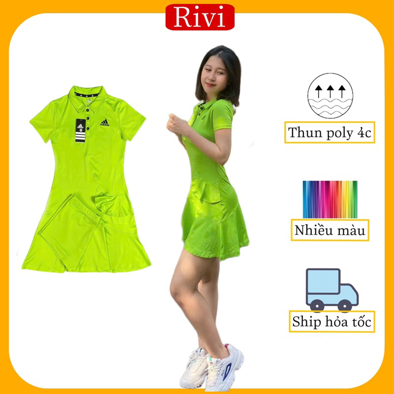 Đầm Váy Thể Thao Đuôi Cá Có Quần Bảo Hộ Logo Thêu Nữ Tôn Dáng Tập Gym Chất Vải Thun Lạnh Co Gĩan