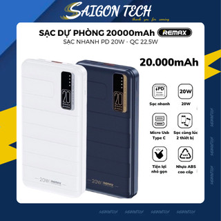 Pin Sạc Dự Phòng Remax 20000mAh RPP 316, Sạc Nhanh PD20W, QC 22.5W, Sạc Siêu Nhanh Cho Điện Thoại và Thiết Bị Gia Dụng
