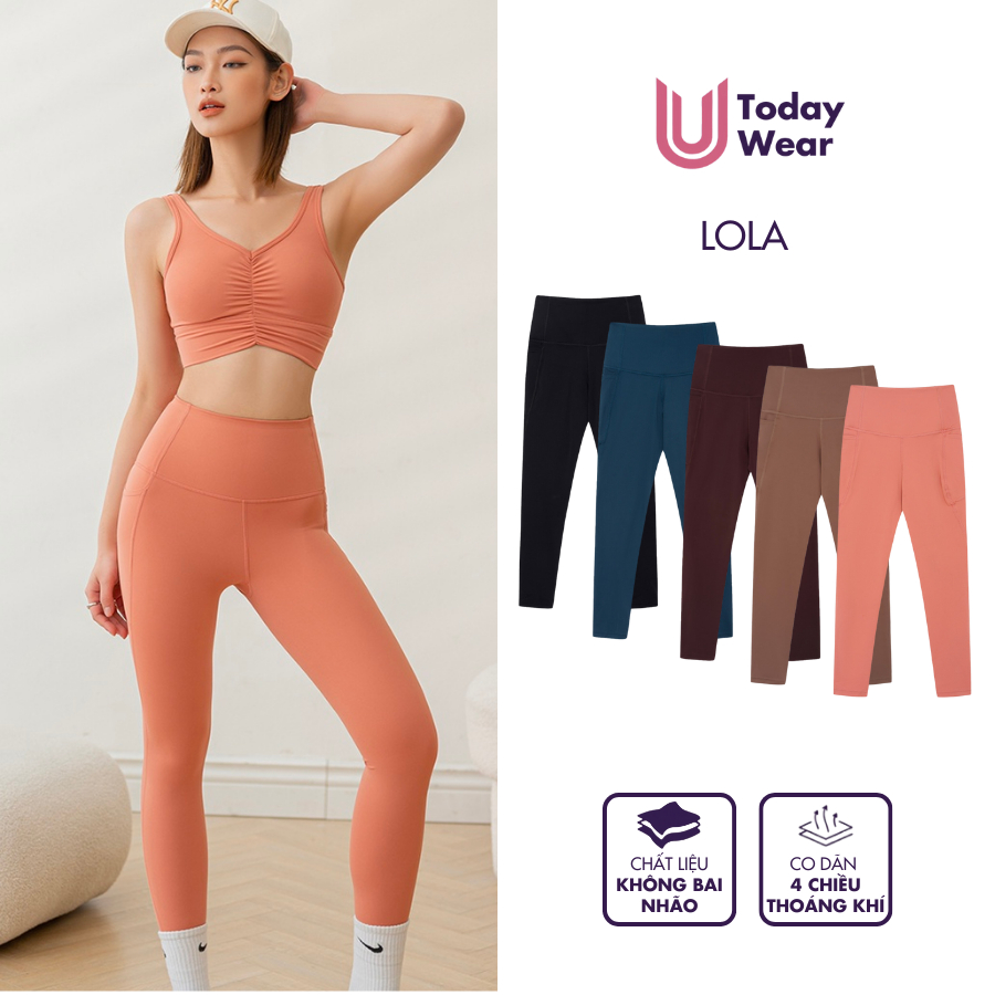 Quần tập leggings gym yoga thể thao nữ Lola lưng cao màu trơn có túi đựng Today U Wear