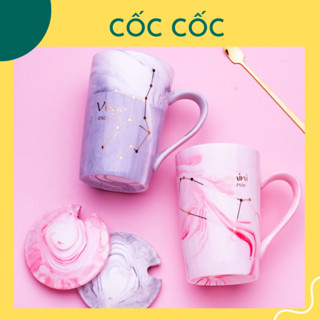 Ly cốc sứ hồng 12 cung hoàng đạo có nắp họa tiết vân đá dung tích 450 ml dùng để pha trà, pha cà phê - Tặng kèm thìa