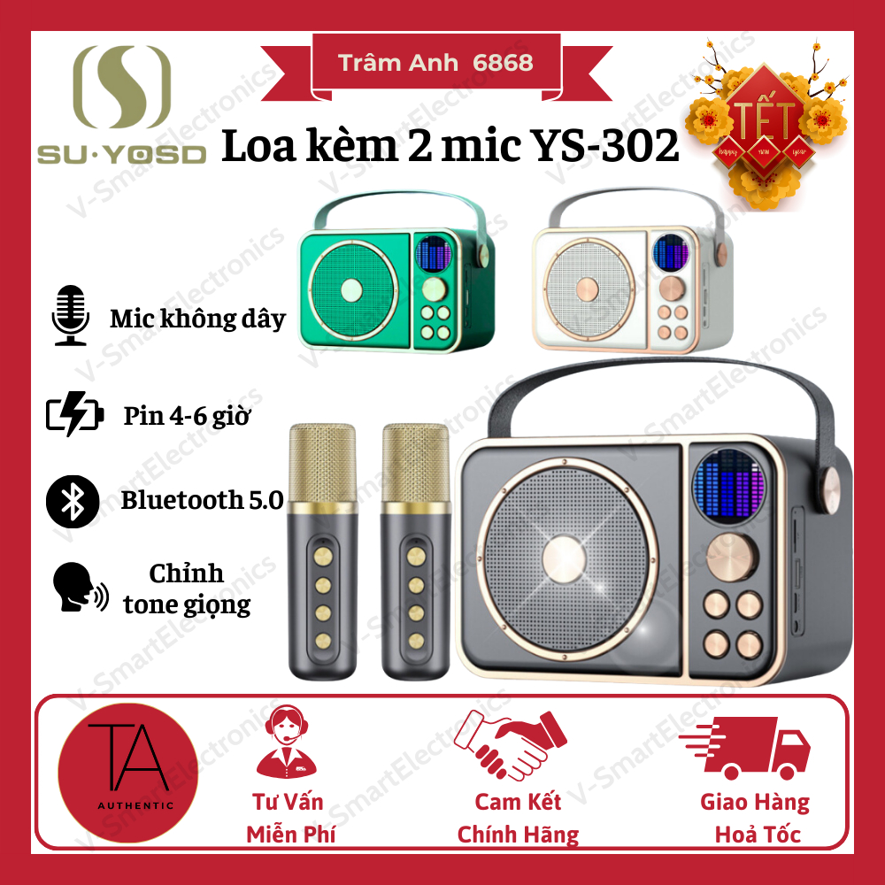 Loa Karaoke Bluetooth Mini YS-302 SU-YOSD Kèm 2 Mic Không Dây, Đổi Tone Giọng, Âm Thanh Siêu Hay, Bass Cực Chất, BH 12 T