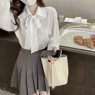 Áo sơ mi trắng nữ thắt nơ form rộng vai phồng siêu xinh