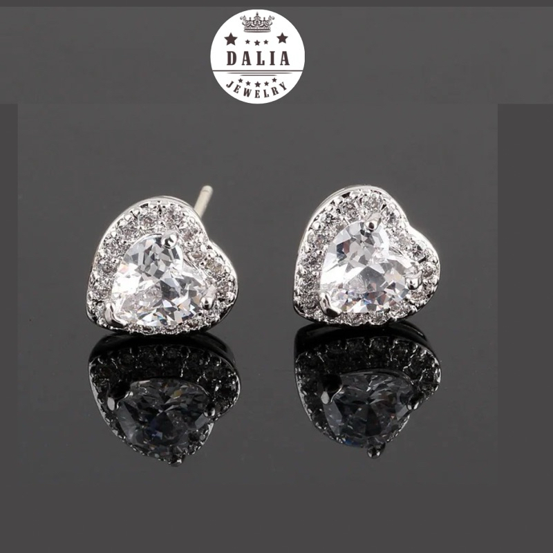 Bông tai bạc trái tim nạm đá trắng sang chảnh BT24 DaLiA Jewelry khuyên tai trái tim,bạc không gỉ