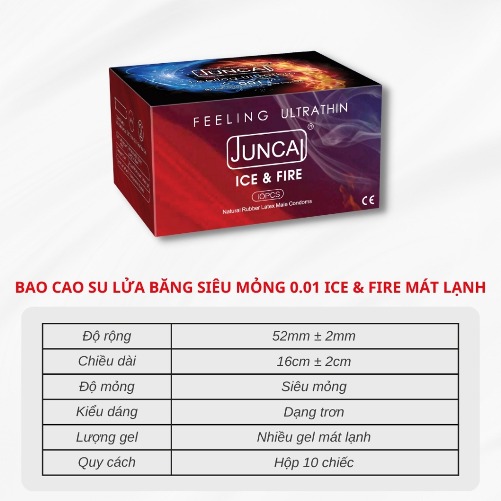 Bao cao su siêu mỏng JUNCAI 0.01 Lửa băng kéo dài thời gian Nhiều gel size