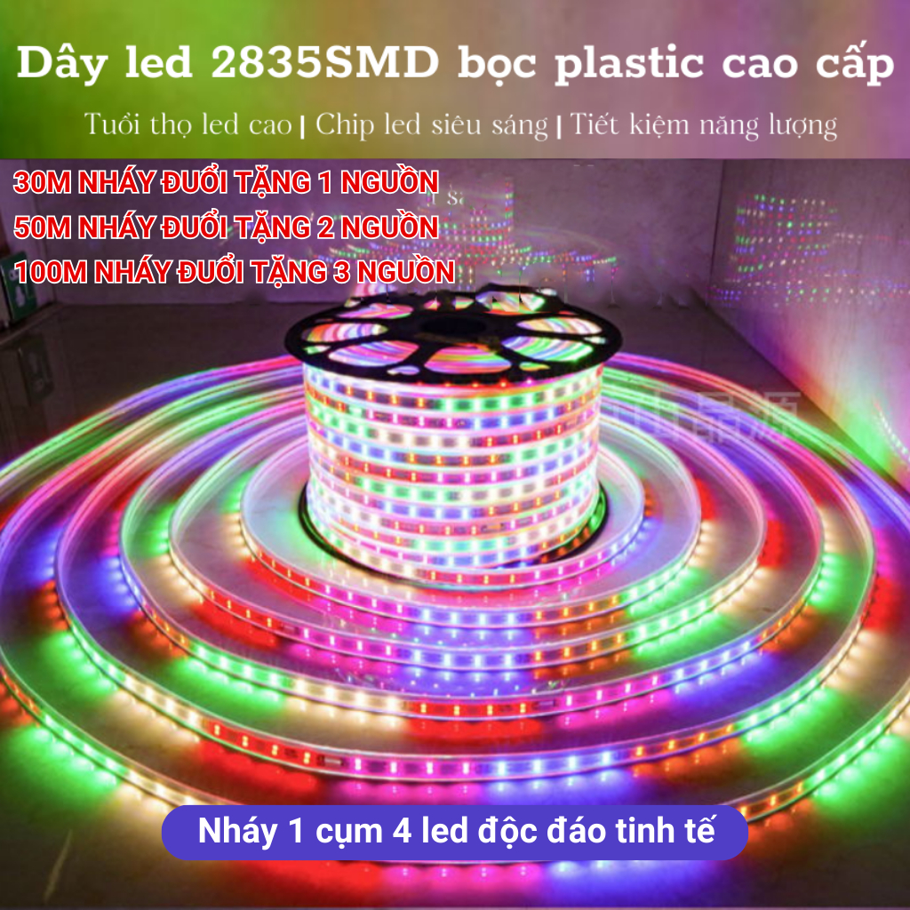 100MDây đèn led nháy đuôi đa sắc màu 1 hàng 2835 SMD bọc PVC cao cấp TẶNG NGUỒN,dây led chống nước hắt trần,cuốn cây