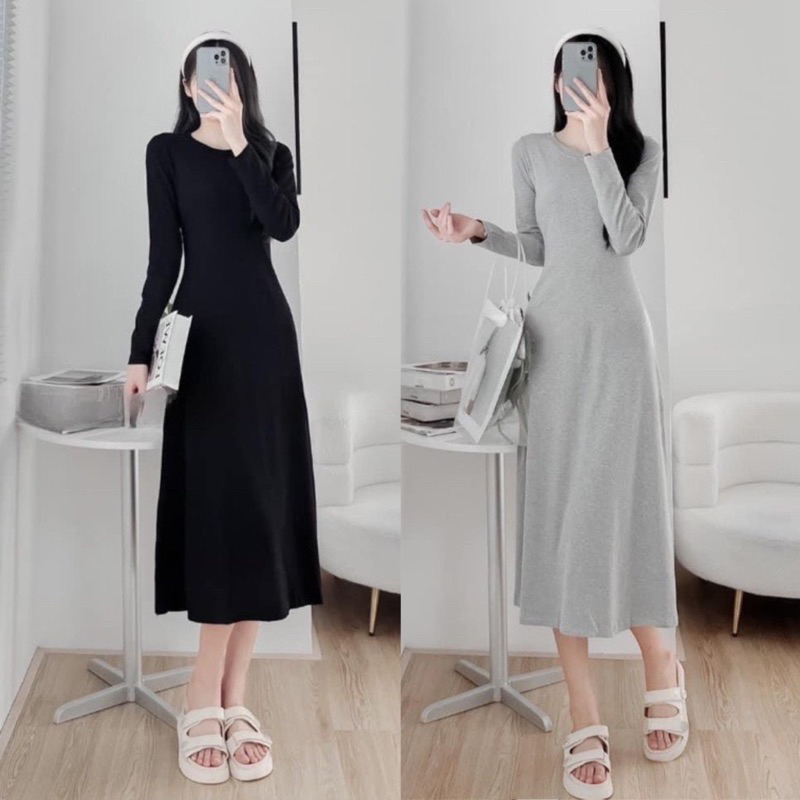 Đầm tay dài dáng xoè dài qua gối chất dày dặn co giãn tốt