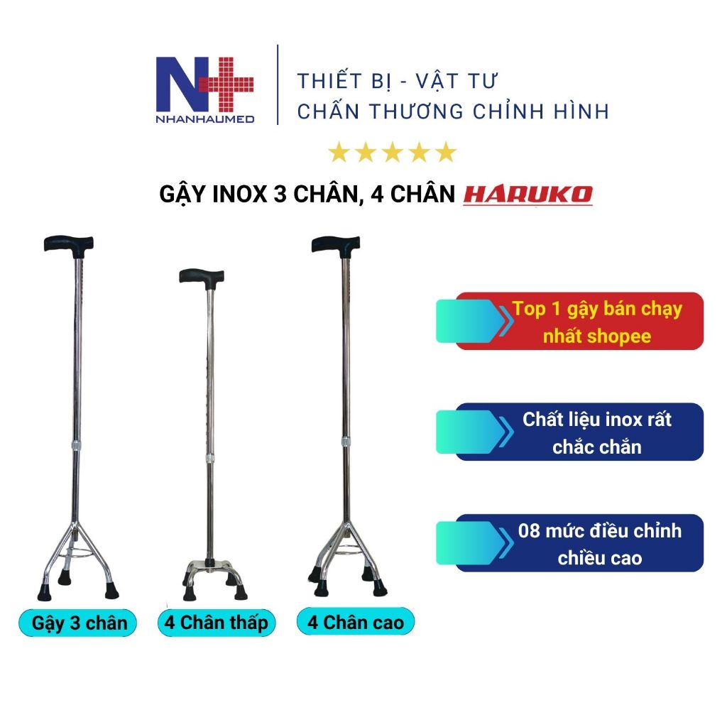 Gậy Chống Cho Người Già 3 Chân 4 Chân Inox Haruko Cứng Cáp Điều Chỉnh Chiều Cao 70 - 90 Cm