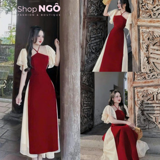  Set áo dài ĐỎ diện TẾT cách tân cổ yếm chất nhung phối tay voan +CÓ KÈM CHÂN VÁY voan dập ly 2 lớp hàng QC chuẩn shop 