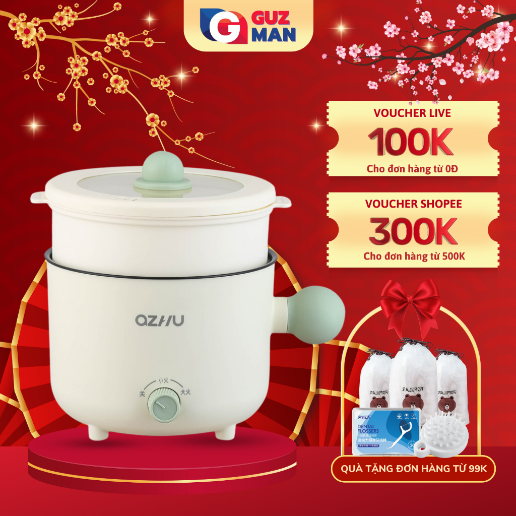 Nồi lẩu điện đa năng mini kèm khay hấp QZHU chống dính dung tích 1,8L công suất 600W dùng an lẩu, nấu nướng METIS
