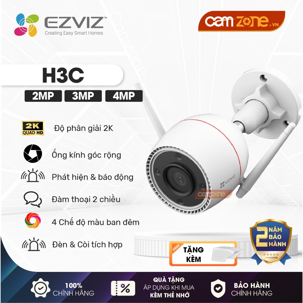 Camera Wifi EZVIZ Ngoài Trời H3c 2MP/3MP 2K/4MP 2K+, Góc rộng- Màu Ban Đêm, Chống Nước IP67, H.265, 