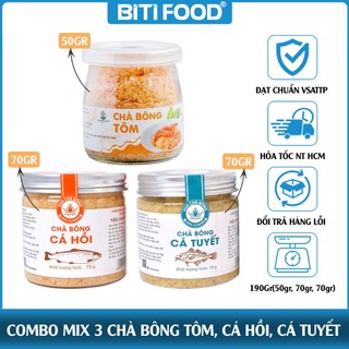 Combo mix chà bông tôm, chà bông cá hồi, chà bông cá tuyết cho gia đình và bé ăn dặm