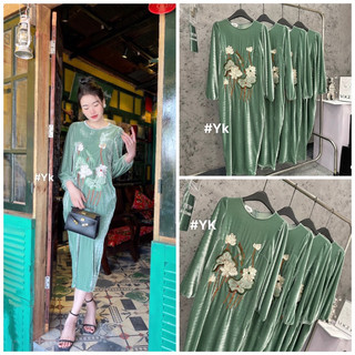 Váy nhung the dáng xuông dài tay thêu hoa sen màu xanh bạc hà