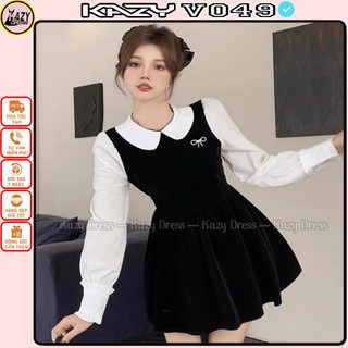 Set nhung cổ bèo gắn nơ đá siêu xinh KAZYDRESS V049