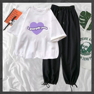 Sét đồ bé gái mặc tết áo thun form rộng kèm quần jogger đen sành điệu "i purple you" bts -đồ đẹp cho bé