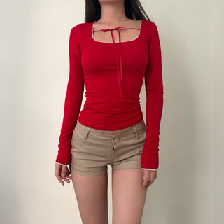 Áo tay dài màu đỏ phối ren ines top - thestan