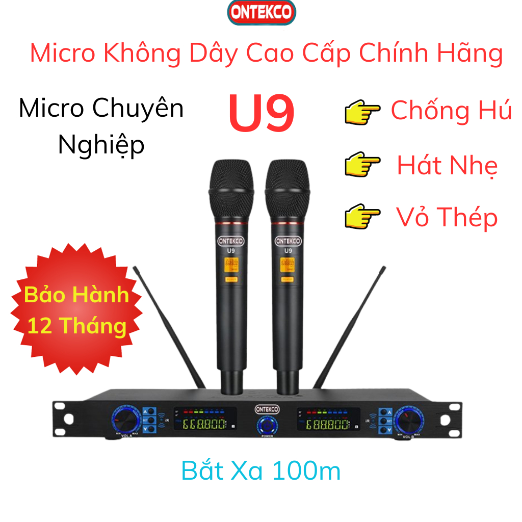 Trọn Bộ micro karaoke ONTEKCO U9/U10/MF333/ MF338 đầu thu 2 anten sóng VhF chống hú - lọc âm tốt, Hàng chính hãng