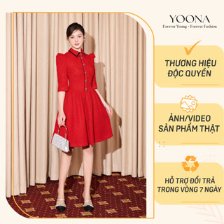 Váy nữ đỏ dáng xoè thiết kế tay bồng nhẹ phần cầu vai thanh lịch YOONA - YD11X276